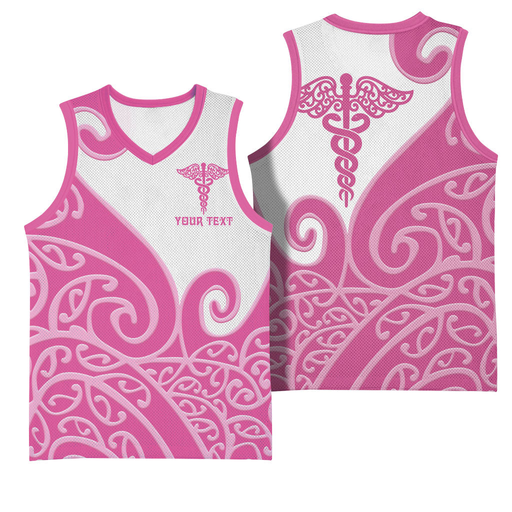 Personalised New Zealand Nurse Basketball Jersey Maori Koru Pink Version
