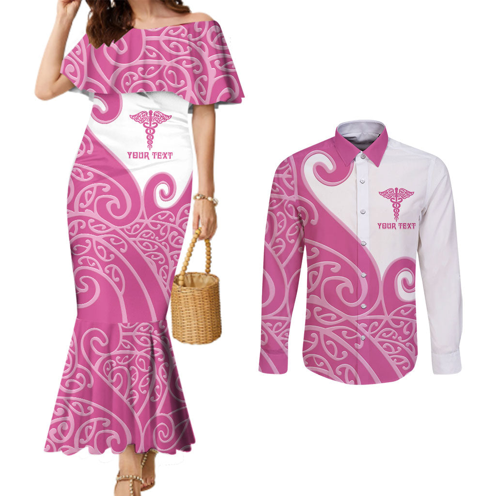 Personalised New Zealand Nurse Couples Matching Mermaid Dress and Long Sleeve Button Shirt Maori Koru Pink Version LT05 Pink - Polynesian Pride