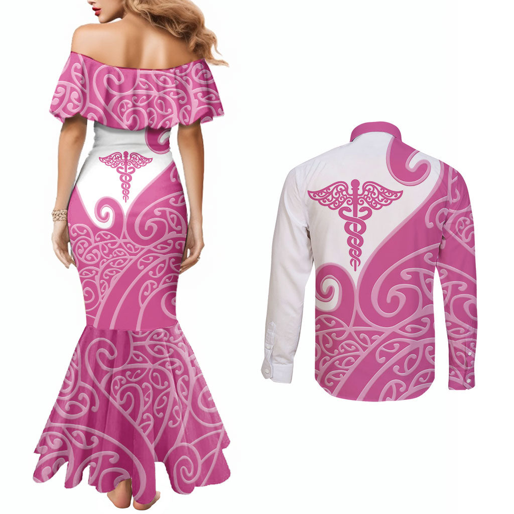 Personalised New Zealand Nurse Couples Matching Mermaid Dress and Long Sleeve Button Shirt Maori Koru Pink Version LT05 - Polynesian Pride