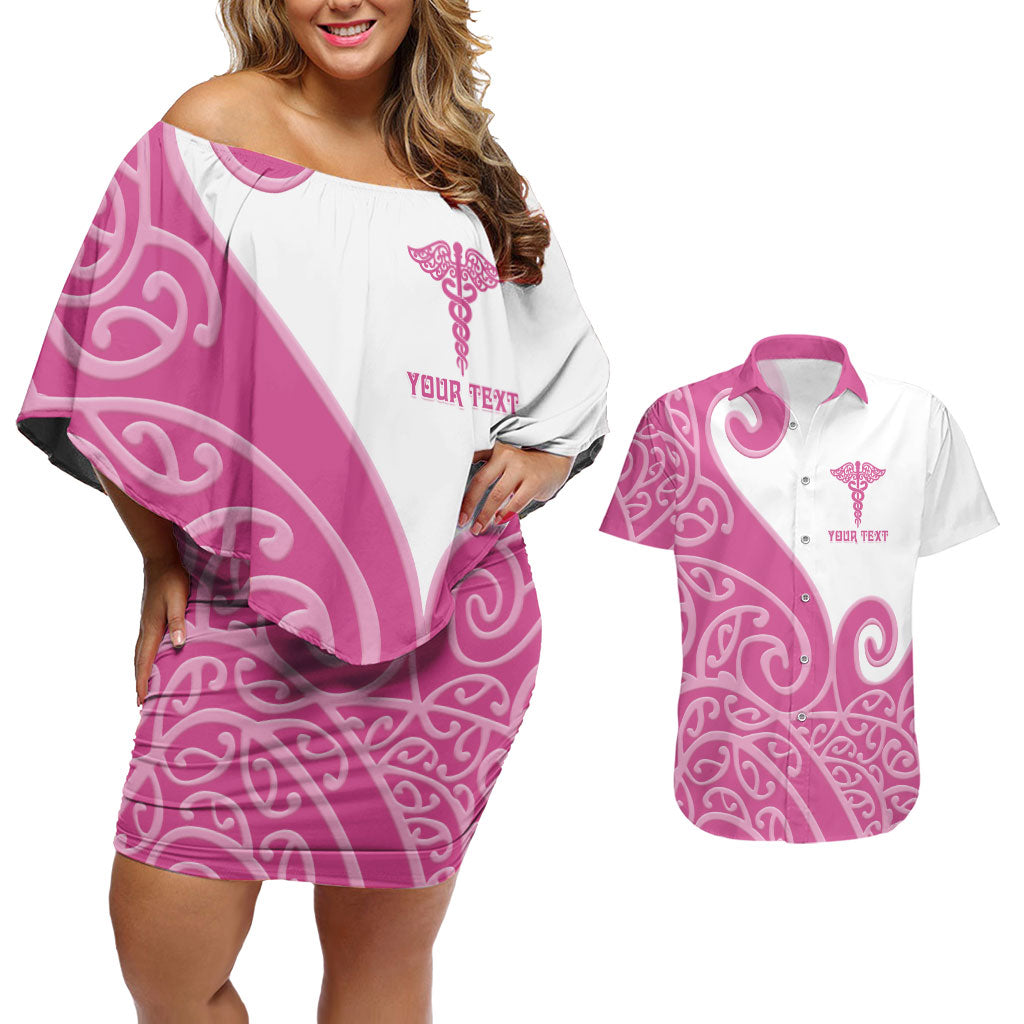 Personalised New Zealand Nurse Couples Matching Off Shoulder Short Dress and Hawaiian Shirt Maori Koru Pink Version LT05 Pink - Polynesian Pride