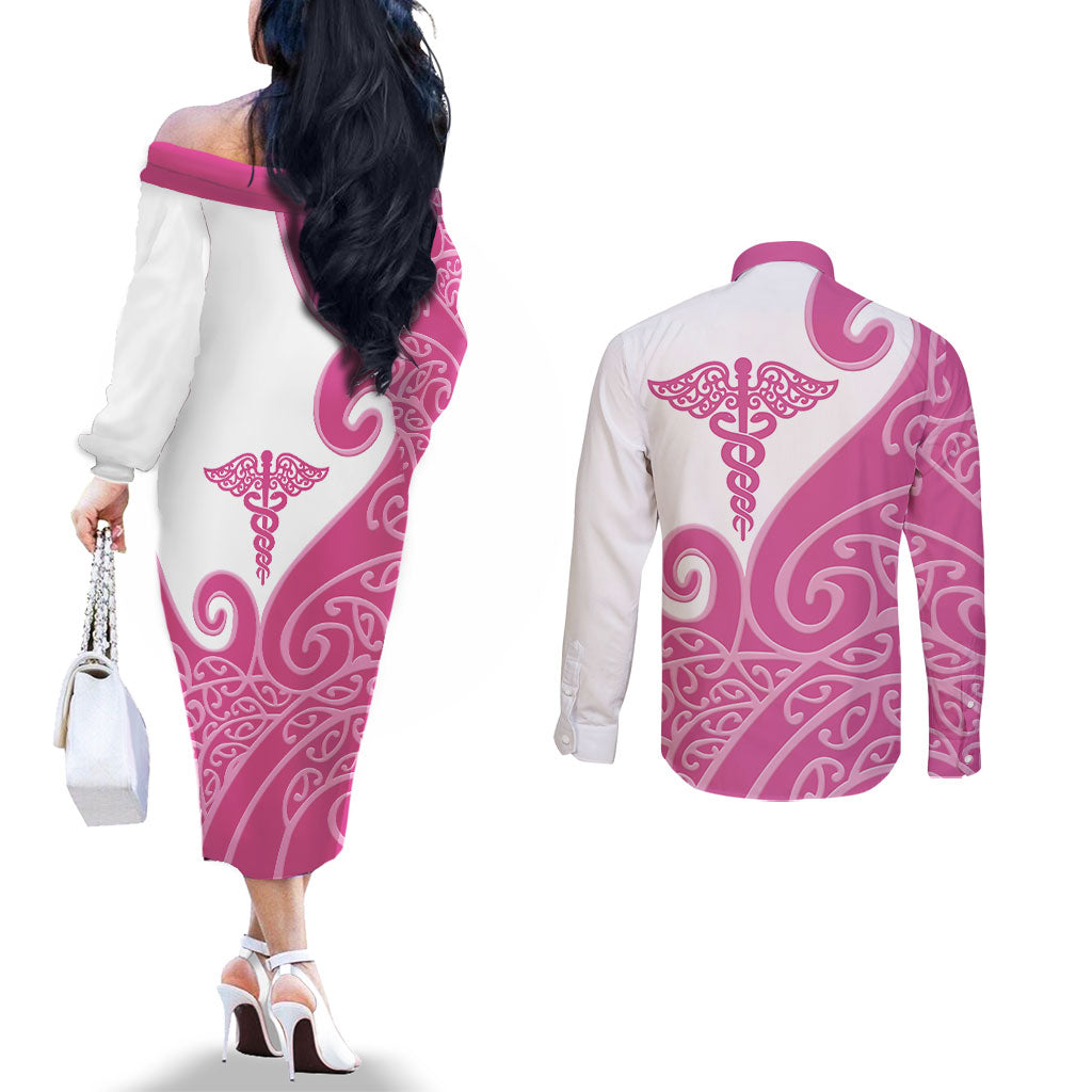 Personalised New Zealand Nurse Couples Matching Off The Shoulder Long Sleeve Dress and Long Sleeve Button Shirt Maori Koru Pink Version