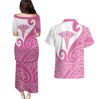 Personalised New Zealand Nurse Couples Matching Puletasi and Hawaiian Shirt Maori Koru Pink Version LT05 - Polynesian Pride