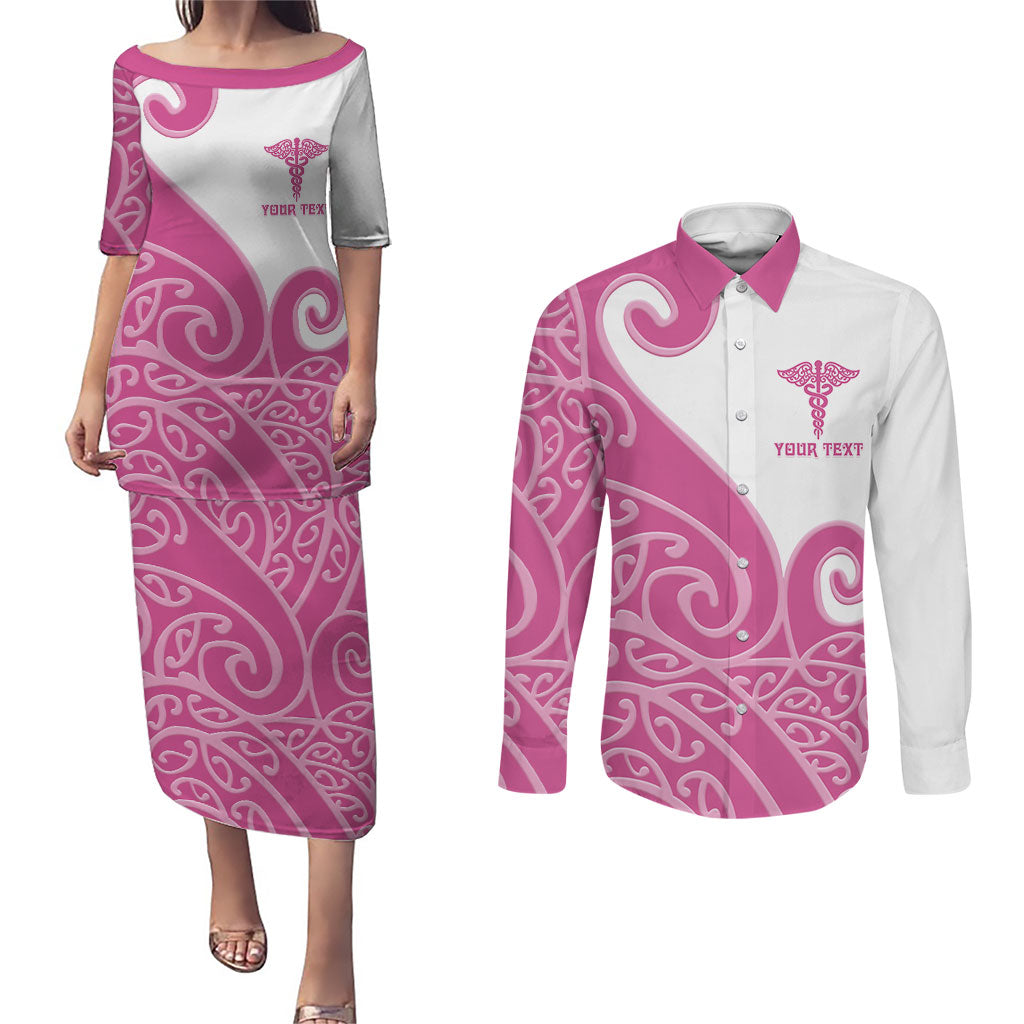 Personalised New Zealand Nurse Couples Matching Puletasi and Long Sleeve Button Shirt Maori Koru Pink Version LT05 Pink - Polynesian Pride