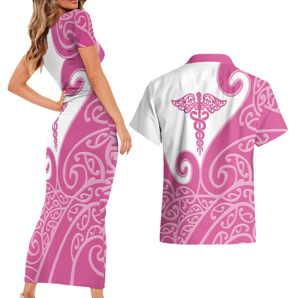 Personalised New Zealand Nurse Couples Matching Short Sleeve Bodycon Dress and Hawaiian Shirt Maori Koru Pink Version