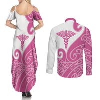 Personalised New Zealand Nurse Couples Matching Summer Maxi Dress and Long Sleeve Button Shirt Maori Koru Pink Version LT05 - Polynesian Pride