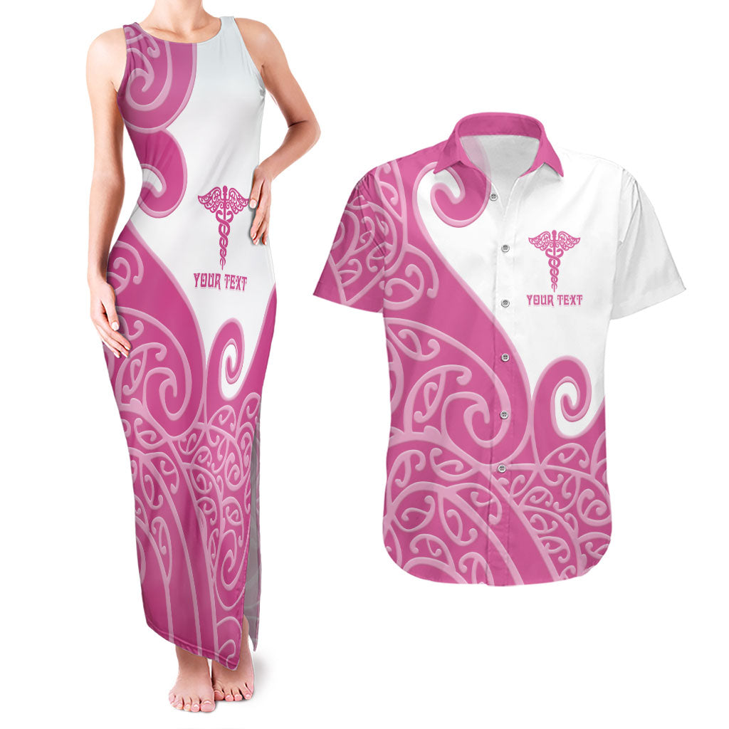 Personalised New Zealand Nurse Couples Matching Tank Maxi Dress and Hawaiian Shirt Maori Koru Pink Version