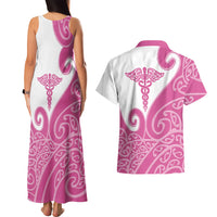 Personalised New Zealand Nurse Couples Matching Tank Maxi Dress and Hawaiian Shirt Maori Koru Pink Version