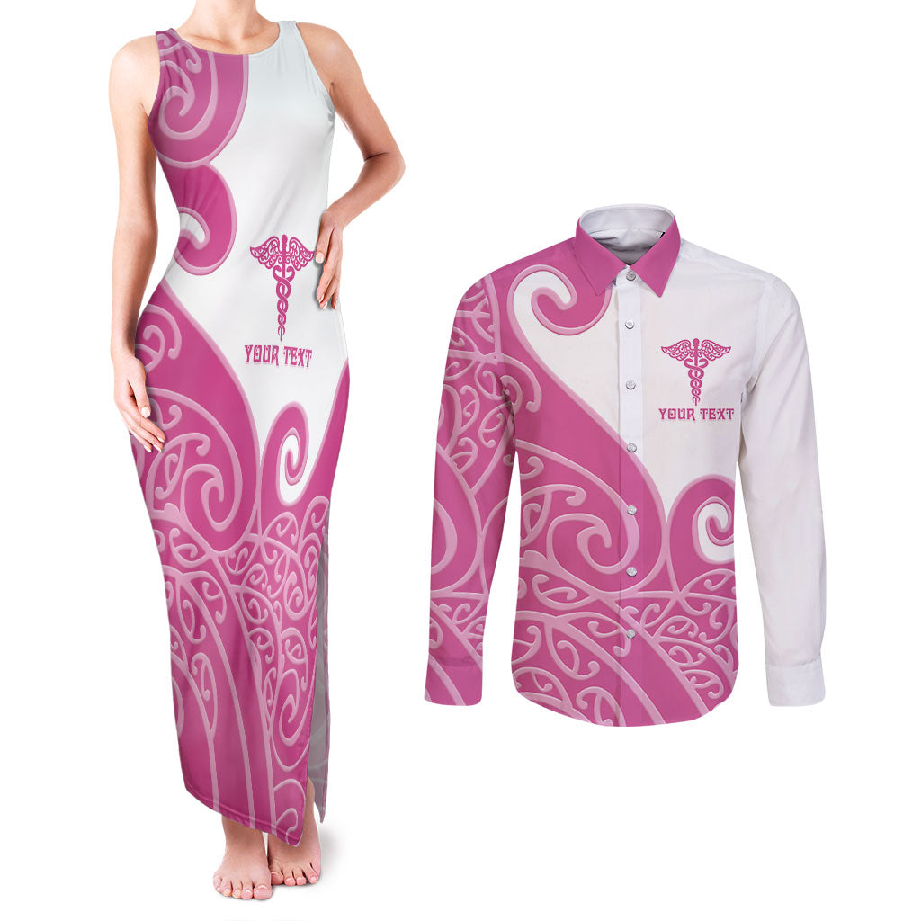 Personalised New Zealand Nurse Couples Matching Tank Maxi Dress and Long Sleeve Button Shirt Maori Koru Pink Version LT05 Pink - Polynesian Pride