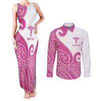 Personalised New Zealand Nurse Couples Matching Tank Maxi Dress and Long Sleeve Button Shirt Maori Koru Pink Version LT05 Pink - Polynesian Pride