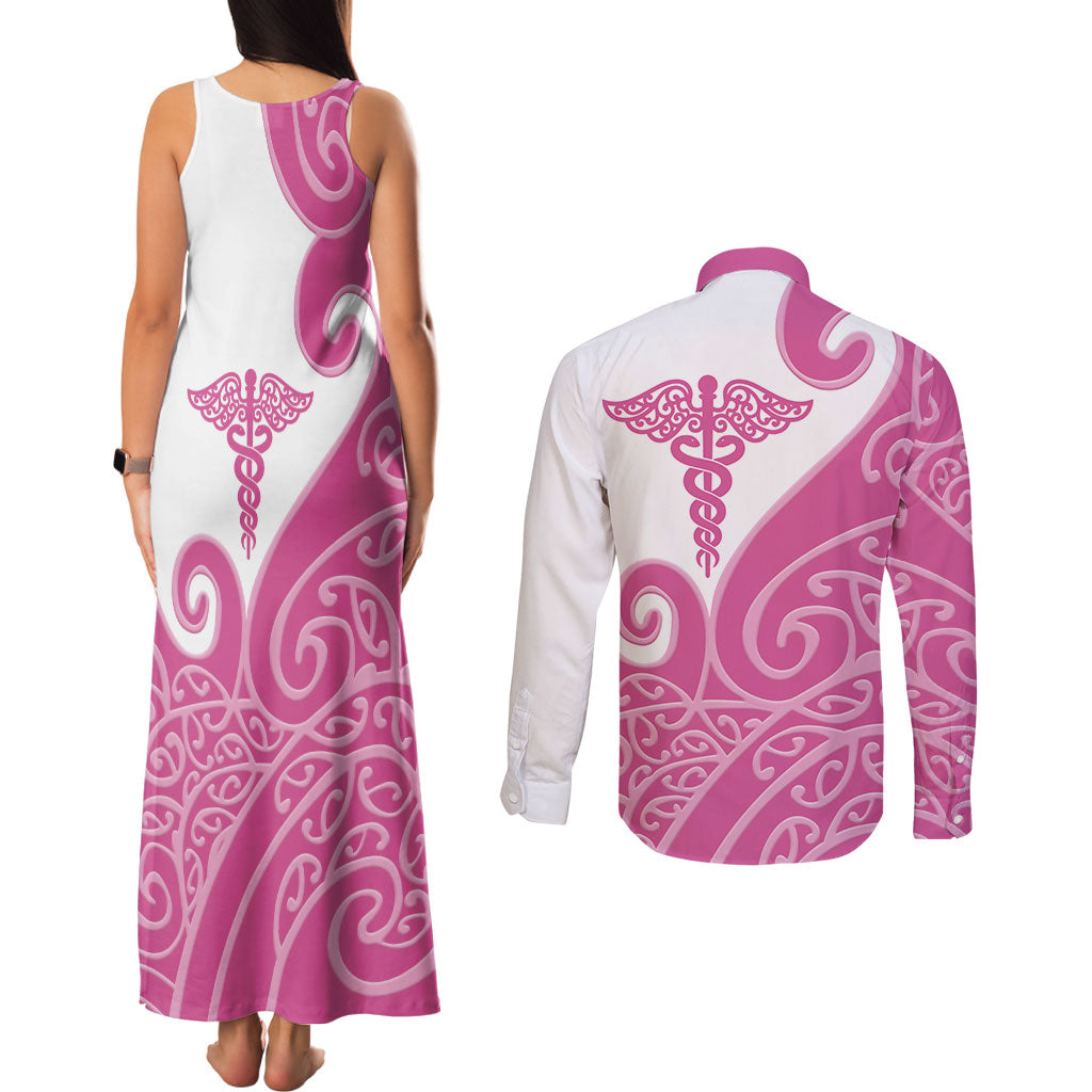Personalised New Zealand Nurse Couples Matching Tank Maxi Dress and Long Sleeve Button Shirt Maori Koru Pink Version LT05 - Polynesian Pride