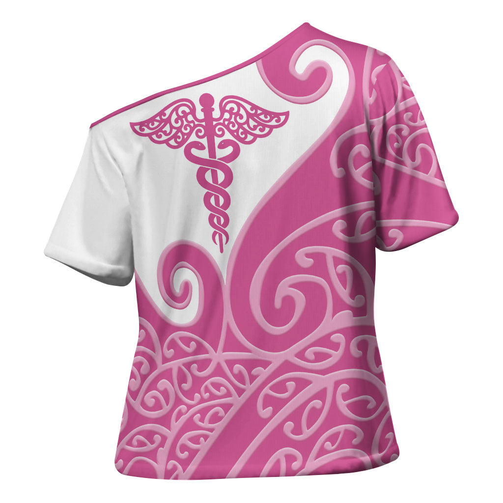 Personalised New Zealand Nurse Cross Shoulder Shirt Maori Koru Pink Version