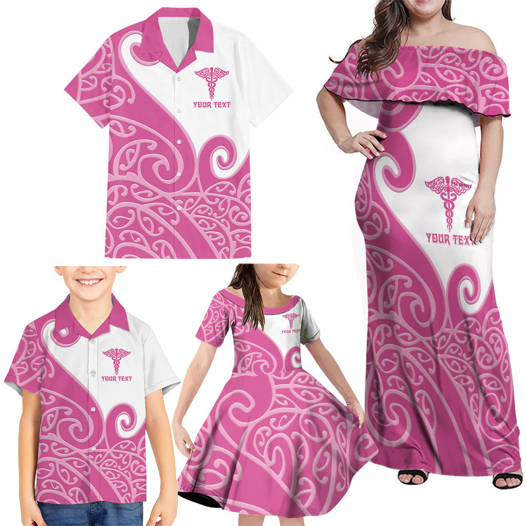 Personalised New Zealand Nurse Family Matching Off Shoulder Maxi Dress and Hawaiian Shirt Maori Koru Pink Version LT05 - Polynesian Pride