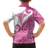Personalised New Zealand Nurse Family Matching Off Shoulder Short Dress and Hawaiian Shirt Maori Koru Pink Version LT05 - Polynesian Pride