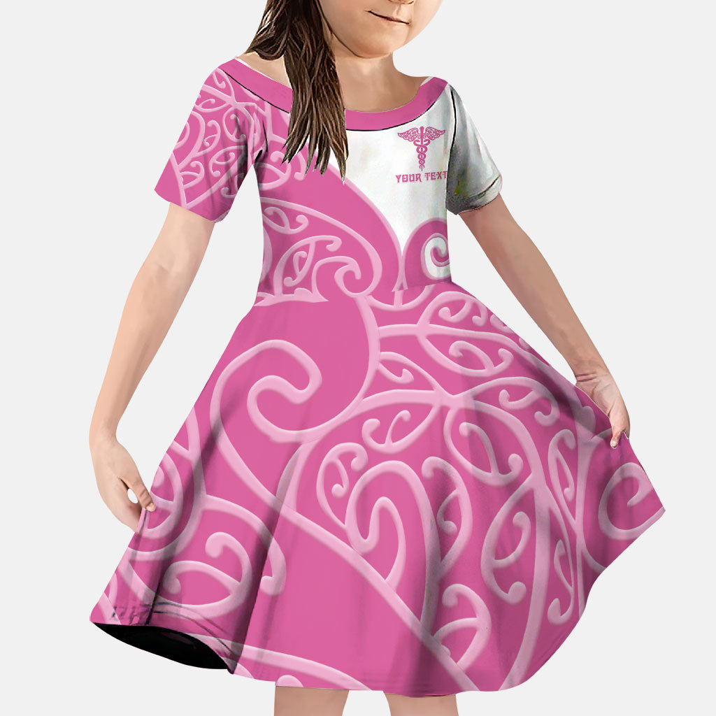 Personalised New Zealand Nurse Family Matching Off Shoulder Short Dress and Hawaiian Shirt Maori Koru Pink Version LT05 Daughter's Dress Pink - Polynesian Pride