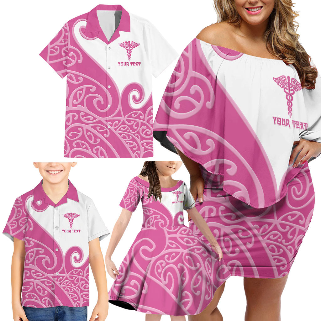 Personalised New Zealand Nurse Family Matching Off Shoulder Short Dress and Hawaiian Shirt Maori Koru Pink Version LT05 - Polynesian Pride