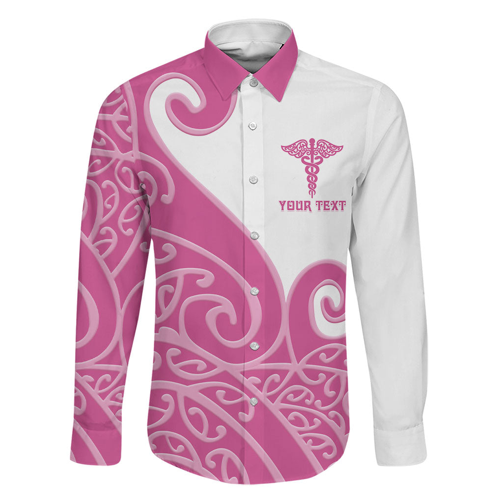 Personalised New Zealand Nurse Family Matching Puletasi and Hawaiian Shirt Maori Koru Pink Version LT05 Dad's Shirt - Long Sleeve Pink - Polynesian Pride