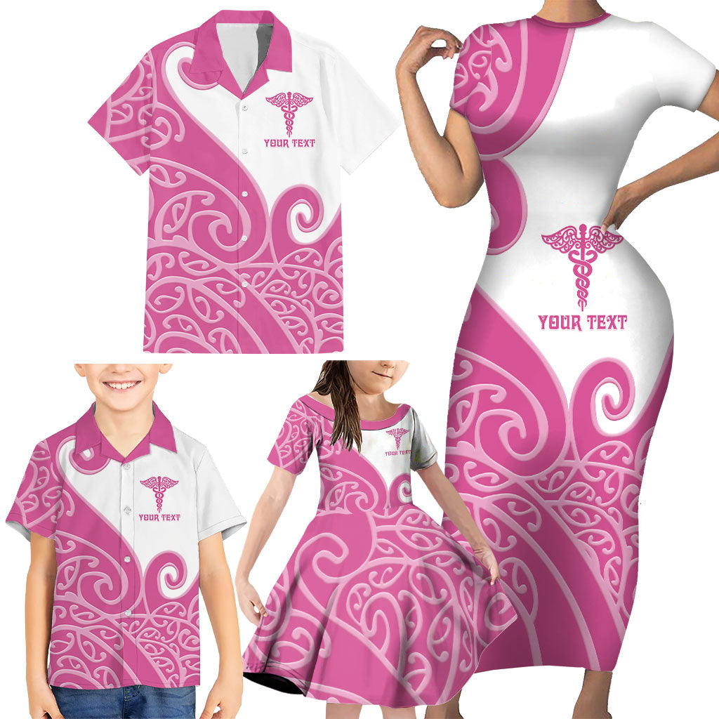 Personalised New Zealand Nurse Family Matching Short Sleeve Bodycon Dress and Hawaiian Shirt Maori Koru Pink Version LT05 - Polynesian Pride
