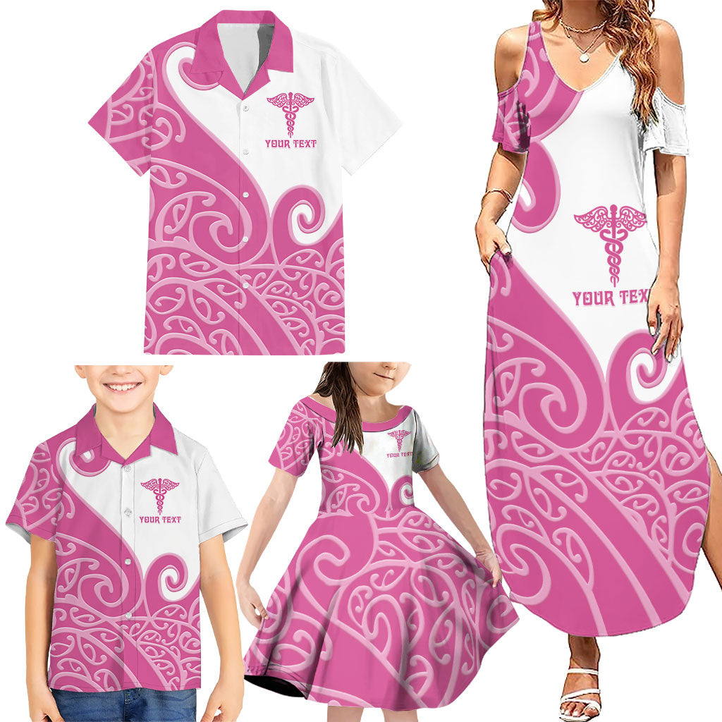 Personalised New Zealand Nurse Family Matching Summer Maxi Dress and Hawaiian Shirt Maori Koru Pink Version LT05 - Polynesian Pride