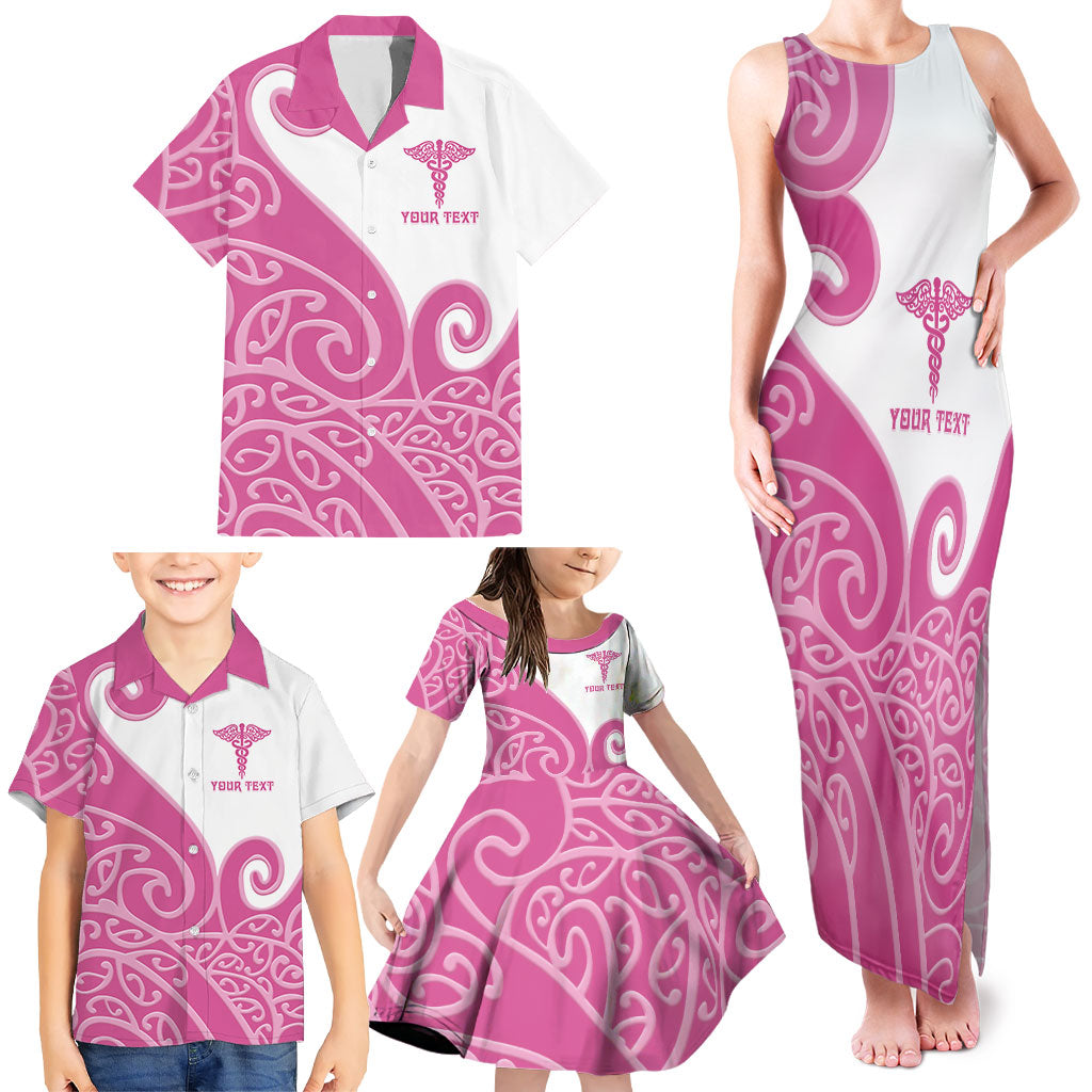 Personalised New Zealand Nurse Family Matching Tank Maxi Dress and Hawaiian Shirt Maori Koru Pink Version LT05 - Polynesian Pride