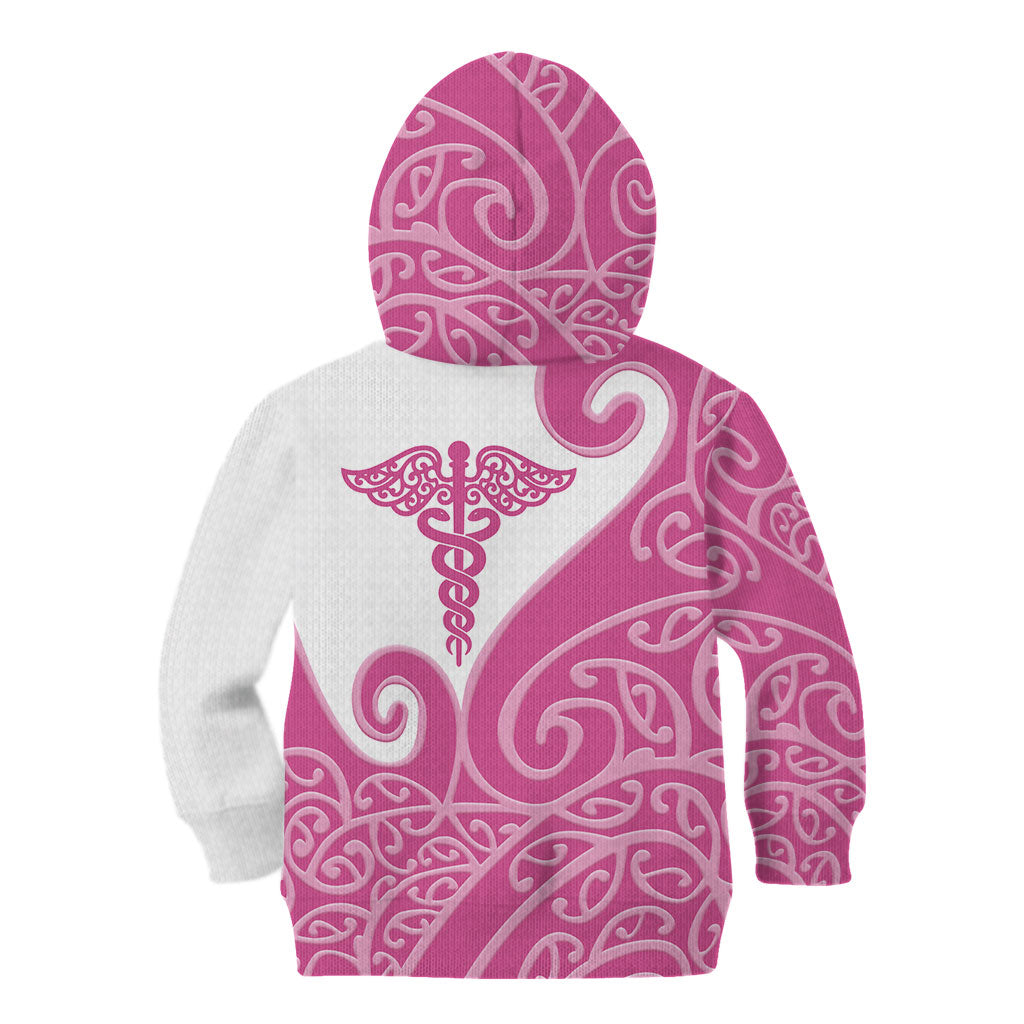 Personalised New Zealand Nurse Kid Hoodie Maori Koru Pink Version