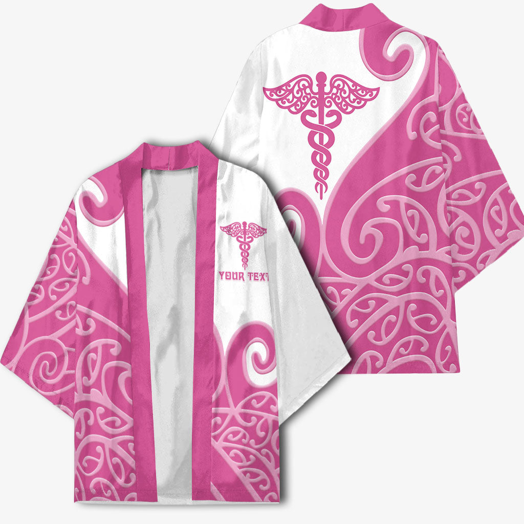 Personalised New Zealand Nurse Kimono Maori Koru Pink Version