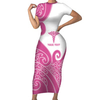Personalised New Zealand Nurse Short Sleeve Bodycon Dress Maori Koru Pink Version LT05 Long Dress Pink - Polynesian Pride