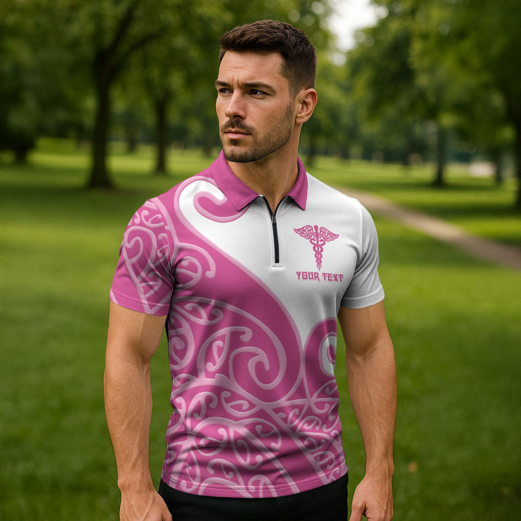Personalised New Zealand Nurse Zipper Polo Shirt Maori Koru Pink Version LT05 - Polynesian Pride