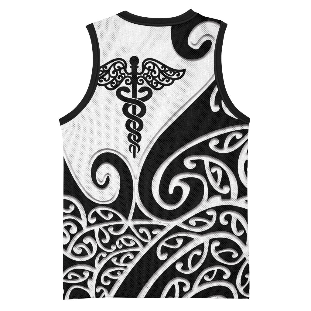 Personalised New Zealand Nurse Basketball Jersey Maori Koru Black Version