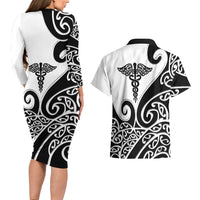 Personalised New Zealand Nurse Couples Matching Long Sleeve Bodycon Dress and Hawaiian Shirt Maori Koru Black Version