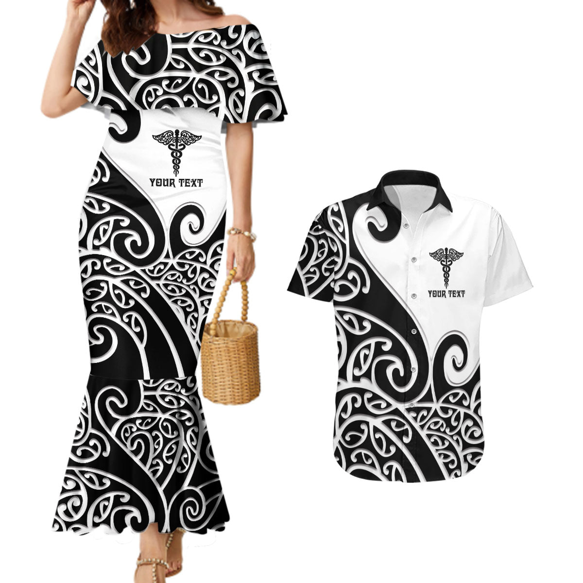 Personalised New Zealand Nurse Couples Matching Mermaid Dress and Hawaiian Shirt Maori Koru Black Version