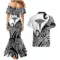 Personalised New Zealand Nurse Couples Matching Mermaid Dress and Hawaiian Shirt Maori Koru Black Version