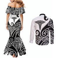Personalised New Zealand Nurse Couples Matching Mermaid Dress and Long Sleeve Button Shirt Maori Koru Black Version LT05 - Polynesian Pride