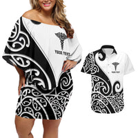 Personalised New Zealand Nurse Couples Matching Off Shoulder Short Dress and Hawaiian Shirt Maori Koru Black Version LT05 Black - Polynesian Pride