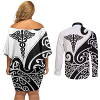 Personalised New Zealand Nurse Couples Matching Off Shoulder Short Dress and Long Sleeve Button Shirt Maori Koru Black Version LT05 - Polynesian Pride
