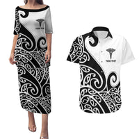 Personalised New Zealand Nurse Couples Matching Puletasi and Hawaiian Shirt Maori Koru Black Version LT05 Black - Polynesian Pride