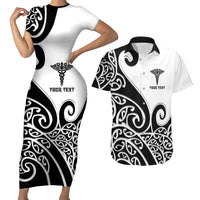 Personalised New Zealand Nurse Couples Matching Short Sleeve Bodycon Dress and Hawaiian Shirt Maori Koru Black Version