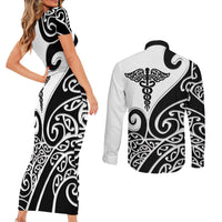 Personalised New Zealand Nurse Couples Matching Short Sleeve Bodycon Dress and Long Sleeve Button Shirt Maori Koru Black Version LT05 - Polynesian Pride