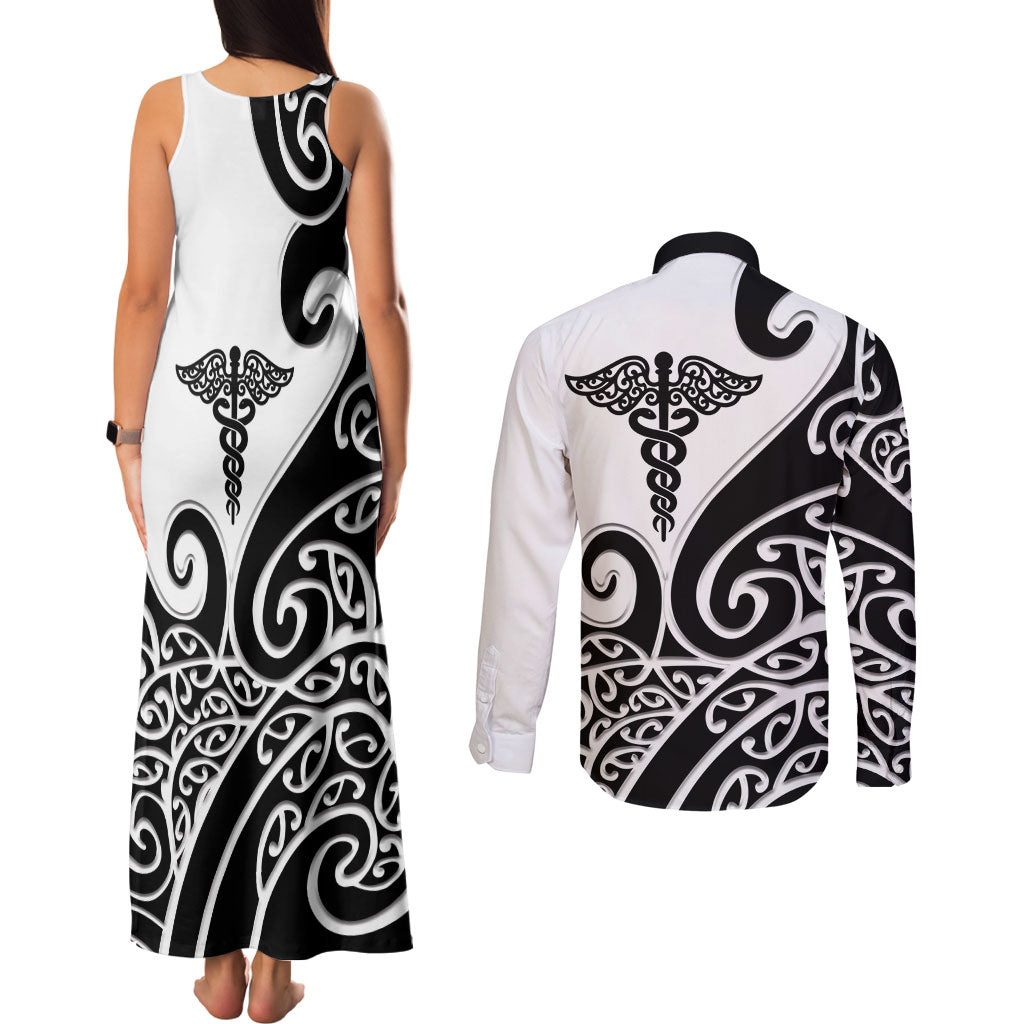 Personalised New Zealand Nurse Couples Matching Tank Maxi Dress and Long Sleeve Button Shirt Maori Koru Black Version LT05 - Polynesian Pride
