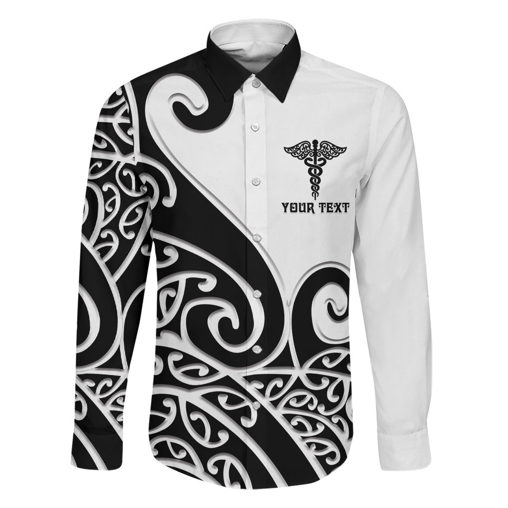 Personalised New Zealand Nurse Family Matching Off The Shoulder Long Sleeve Dress and Hawaiian Shirt Maori Koru Black Version LT05 Dad's Shirt - Long Sleeve Black - Polynesian Pride