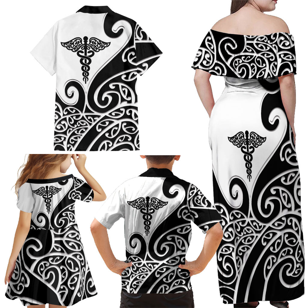 Personalised New Zealand Nurse Family Matching Off Shoulder Maxi Dress and Hawaiian Shirt Maori Koru Black Version LT05 - Polynesian Pride