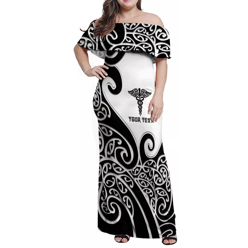 Personalised New Zealand Nurse Family Matching Off Shoulder Maxi Dress and Hawaiian Shirt Maori Koru Black Version LT05 Mom's Dress Black - Polynesian Pride