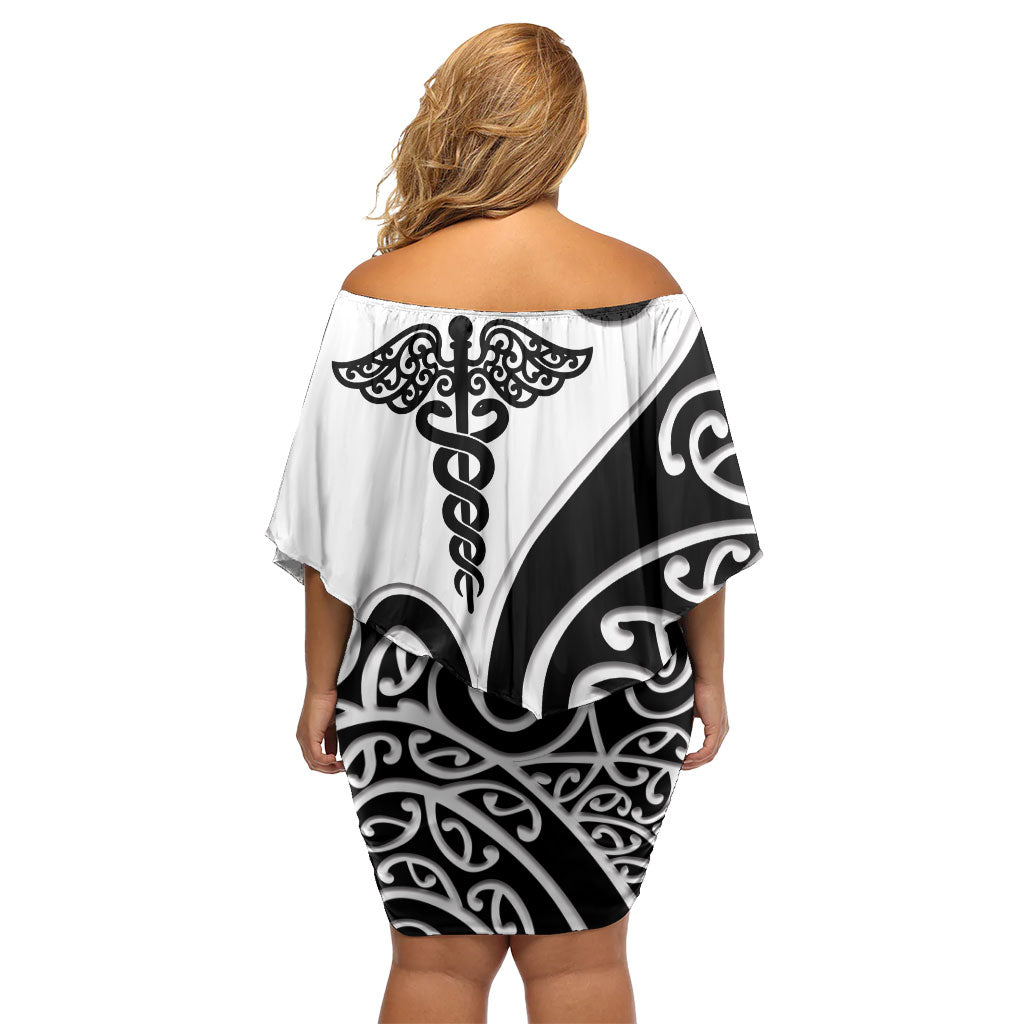 Personalised New Zealand Nurse Family Matching Off Shoulder Short Dress and Hawaiian Shirt Maori Koru Black Version LT05 - Polynesian Pride