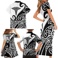 Personalised New Zealand Nurse Family Matching Short Sleeve Bodycon Dress and Hawaiian Shirt Maori Koru Black Version LT05 - Polynesian Pride