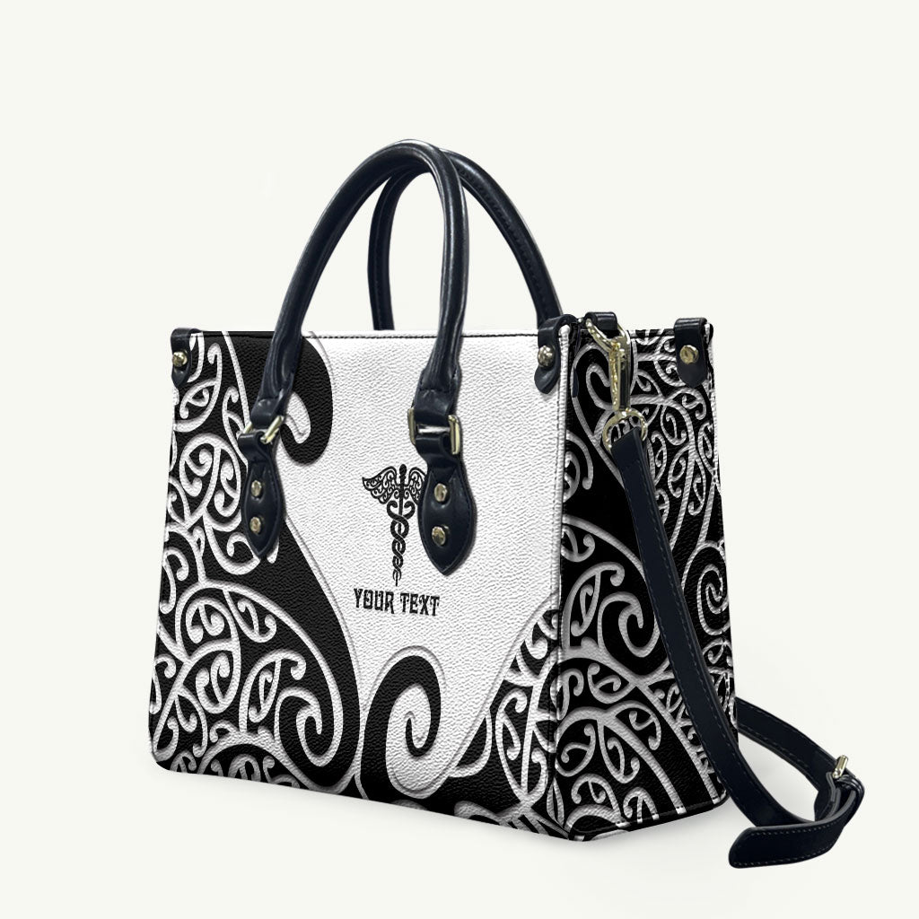 Personalised New Zealand Nurse Leather Bag Maori Koru Black Version LT05 Black - Polynesian Pride