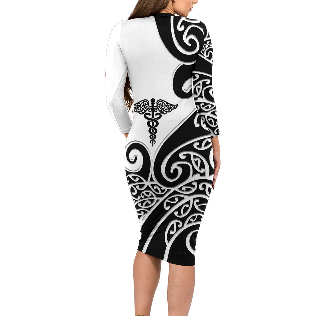 Personalised New Zealand Nurse Long Sleeve Bodycon Dress Maori Koru Black Version LT05 - Polynesian Pride