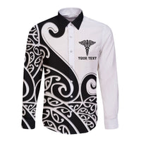Personalised New Zealand Nurse Long Sleeve Button Shirt Maori Koru Black Version