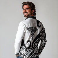 Personalised New Zealand Nurse Long Sleeve Polo Shirt Maori Koru Black Version