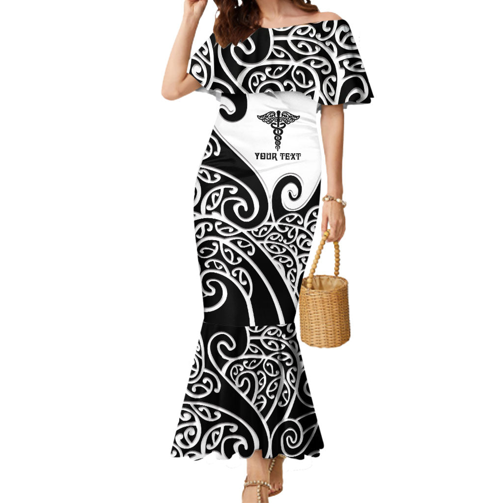 Personalised New Zealand Nurse Mermaid Dress Maori Koru Black Version
