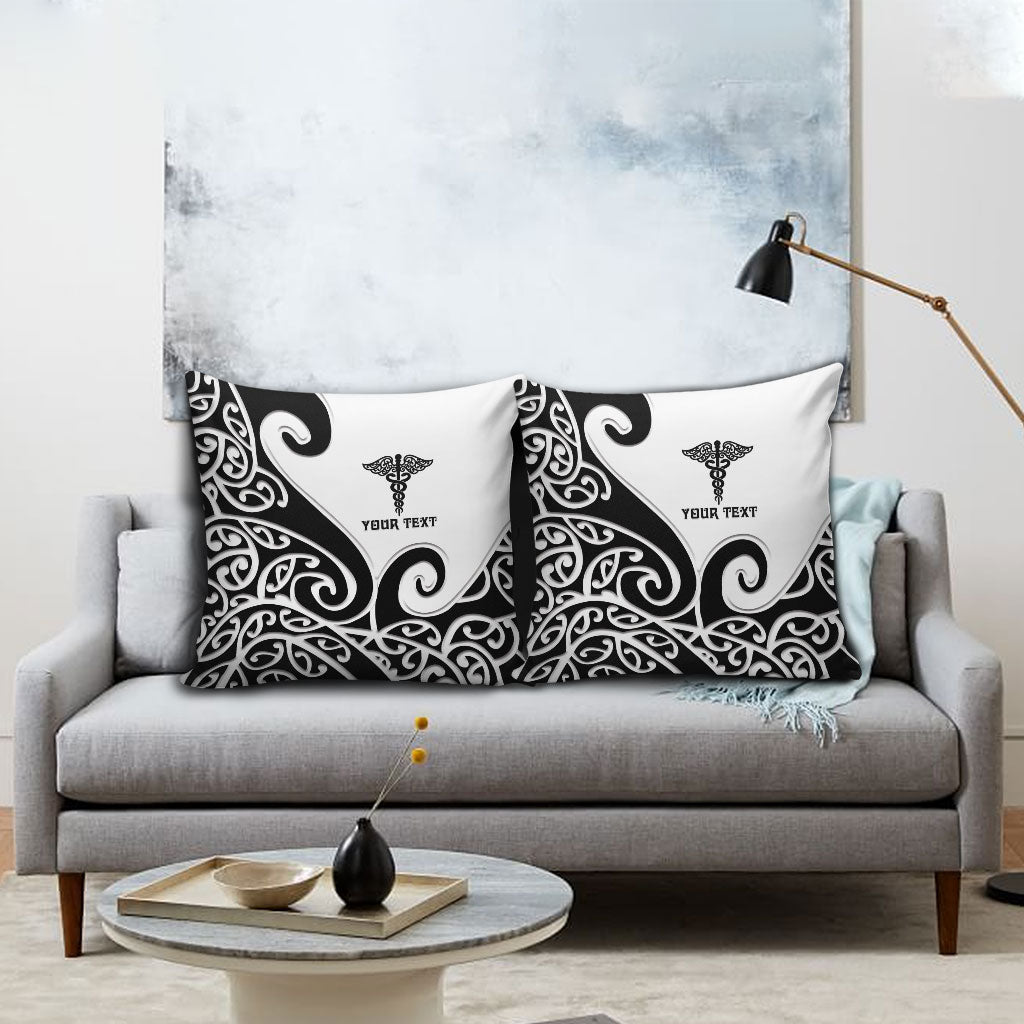 Personalised New Zealand Nurse Pillow Cover Maori Koru Black Version