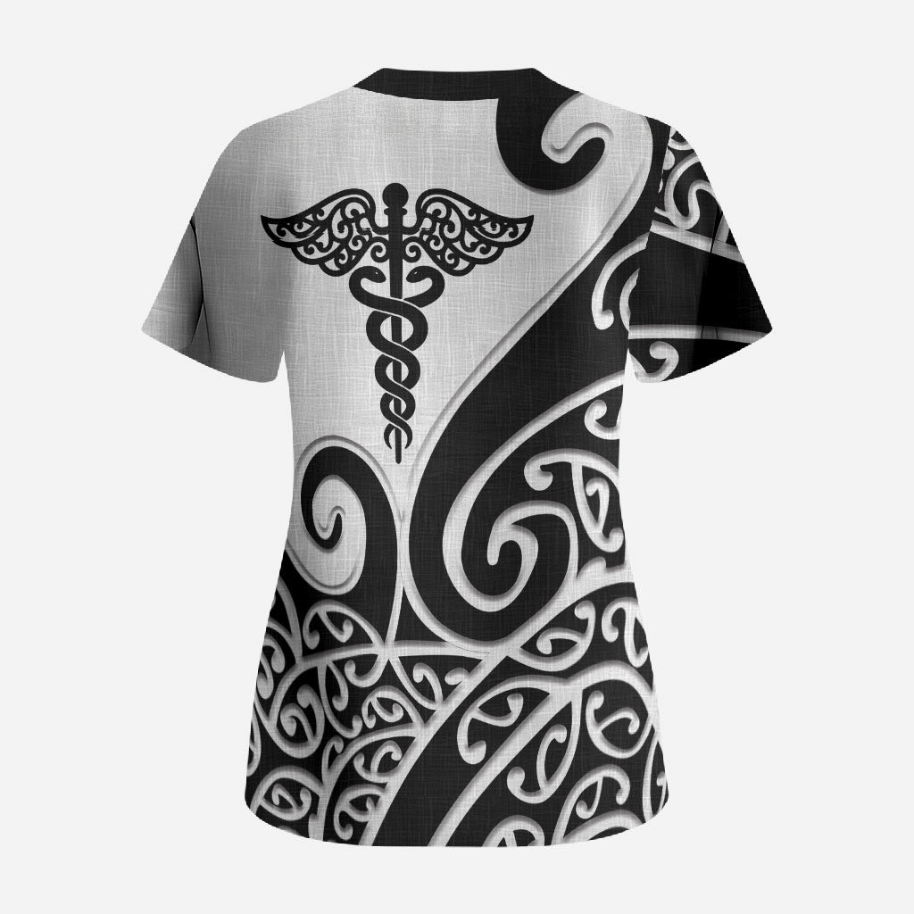 Personalised New Zealand Nurse Scrub Top Maori Koru Black Version